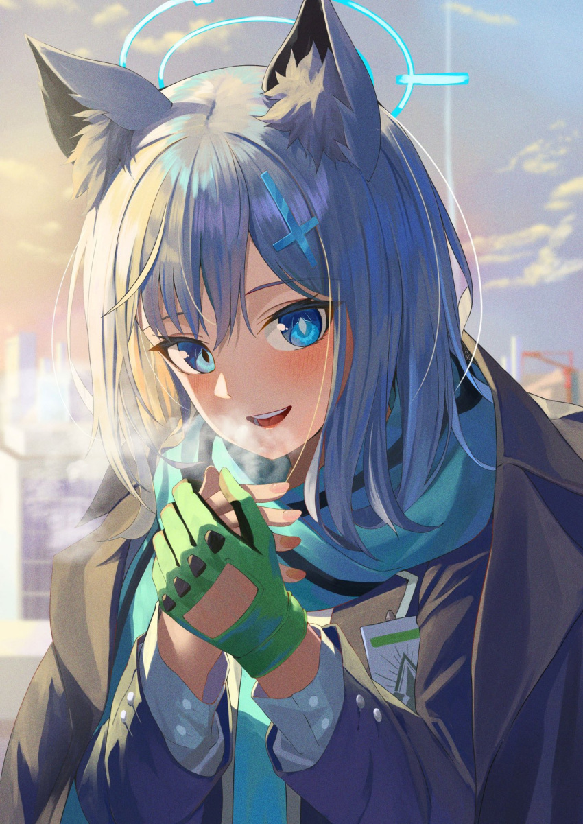 1girl animal_ear_fluff animal_ears black_jacket blue_archive blue_eyes blue_halo blue_scarf blush chakuma_(yiyh1468) gloves green_gloves grey_hair hair_between_eyes halo highres jacket long_sleeves looking_at_viewer medium_hair open_mouth scarf shiroko_(blue_archive) single_glove smile solo upper_body wolf_ears