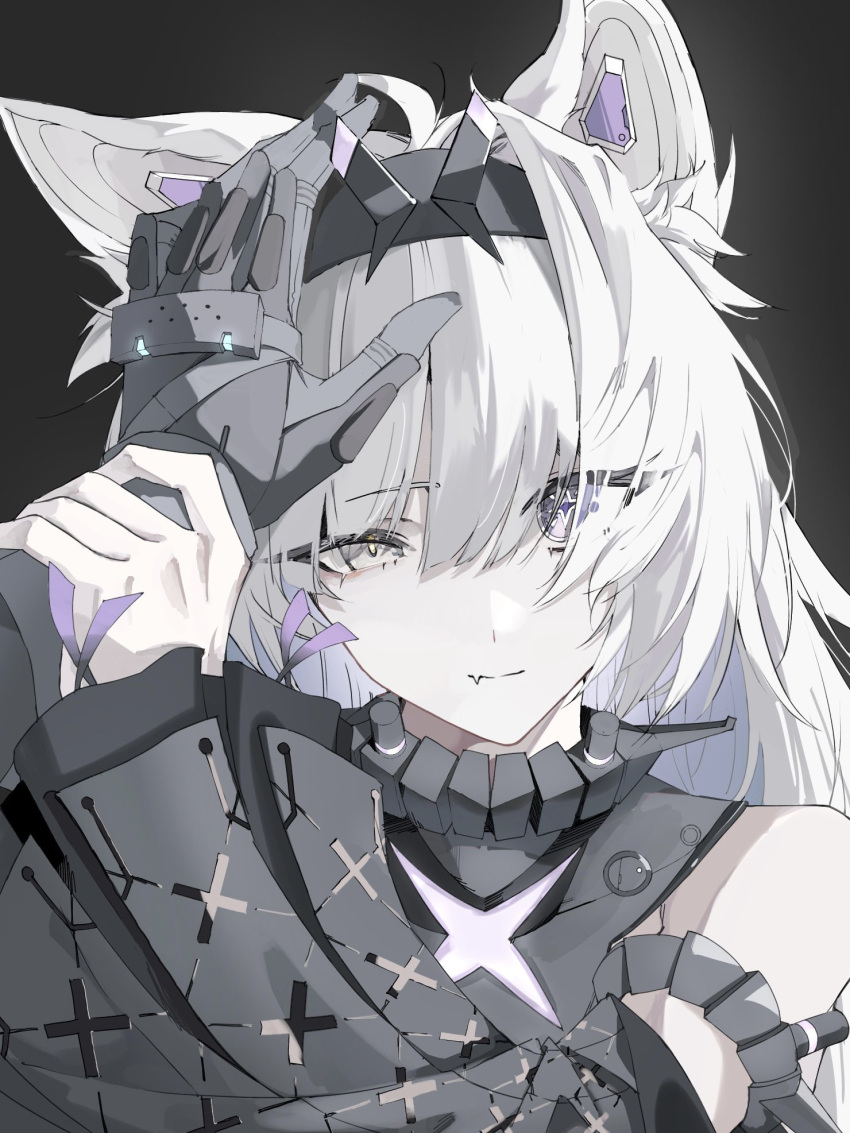 1girl 1other ahoge animal_ear_fluff animal_ears black_background black_hairband black_sleeves closed_mouth commandant_(punishing:_gray_raven) cross-shaped_pupils detached_sleeves fang grey_eyes grey_hair hair_intakes hair_over_eyes hairband hand_on_another's_head headpat highres holding_another's_wrist long_sleeves looking_at_viewer mechanical_ears mismatched_pupils negse_38u no.21:_feral_scent_(punishing:_gray_raven) no.21_(punishing:_gray_raven) punishing:_gray_raven skin_fang symbol-shaped_pupils wolf_ears