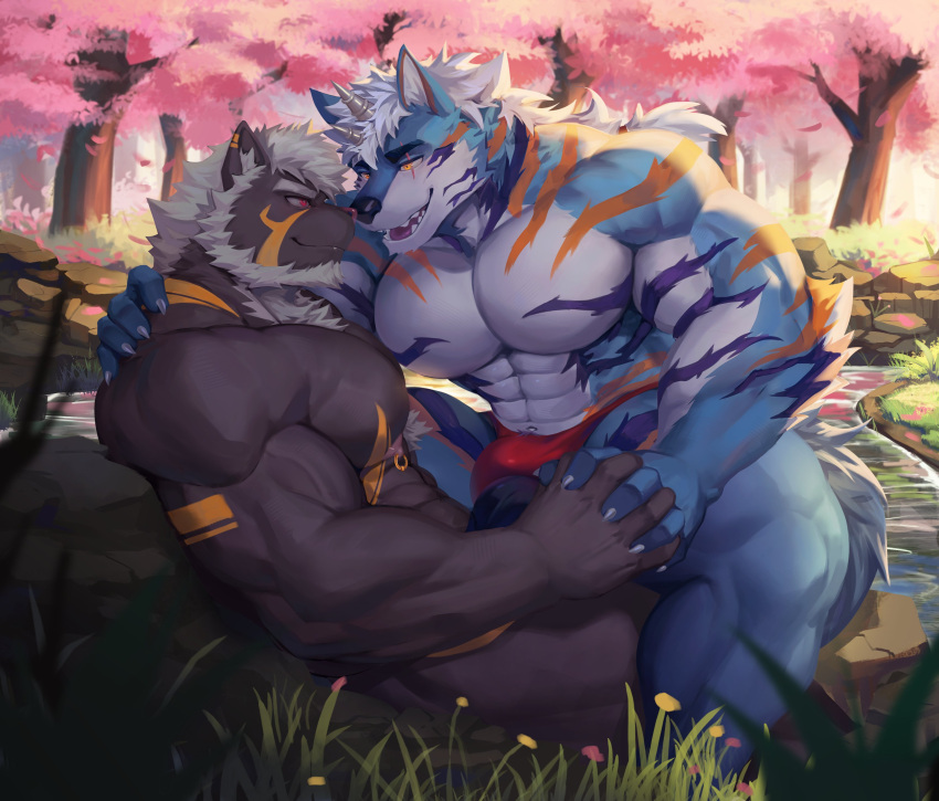 abs absurd_res anthro biceps black_clothing black_nose black_underwear blue_body blue_fur brown_body brown_fur bulge cherry_blossom cherry_blossom_tree cherry_tree claws clothing duo eye_contact eye_scar facial_scar fingers forest fruit_tree fur gold_markings hair hand_holding hi_res horn jewelry kult2k looking_at_another male male/male markings muscular_thighs navel nipple_piercing nipples on_ground open_mouth orange_eyes orange_markings outside pecs piercing pink_nipples pink_nose plant purple_markings red_clothing red_eyes red_underwear ring_piercing scar tail teeth touching_noses tree triceps tuft underwear white_body white_claws white_fur white_hair white_horn