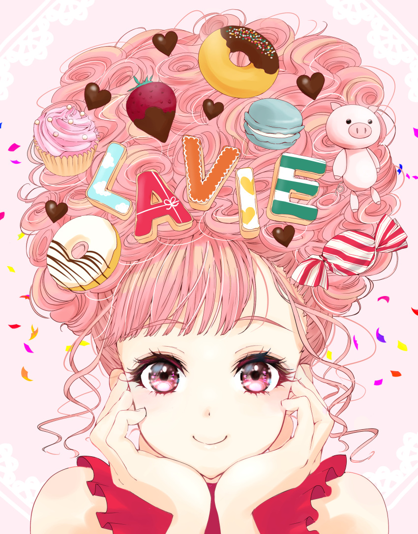 1girl absurdres artist_name blush chocolate chocolate_strawberry confetti cookie cupcake doughnut food fruit hands_on_own_cheeks hands_on_own_face highres lavie_(cestbonlavie) long_hair looking_at_viewer macaron original pink_background pink_eyes pink_hair sleeveless smile solo straight-on strawberry stuffed_animal stuffed_pig stuffed_toy updo wrapped_candy