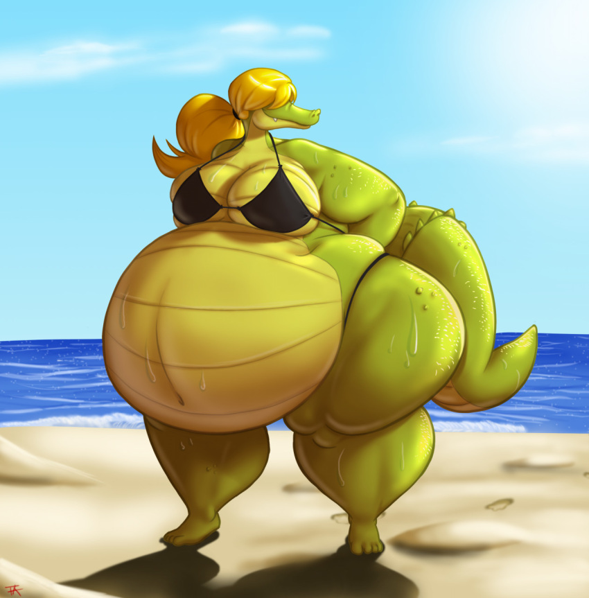 anthro blonde_hair bodily_fluids crocodilian cursedreaper female hair hi_res overweight pear-shaped_figure ponytail reptile ridiculouscake scalie sweat tagme wide_hips