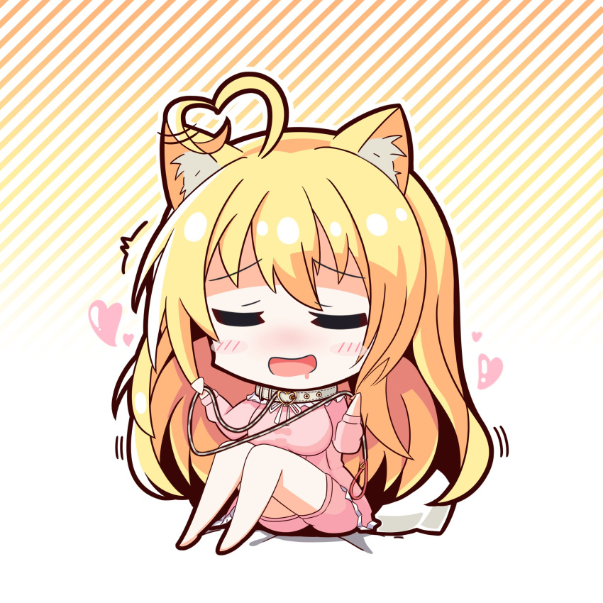 1girl absurdres ahoge animal_collar animal_ear_fluff animal_ears blonde_hair blush_stickers breasts cat_ears chibi closed_eyes collar commentary_request drooling gradient_background hair_between_eyes hair_down hamidashi_creative hands_up heart heart_ahoge highres holding holding_leash izumi_hiyori kemonomimi_mode knees_up large_breasts leash long_hair long_sleeves motion_lines mouth_drool open_mouth pajamas pink_pajamas simple_background sitting smile solo tamayuki7519 twitching very_long_hair white_background