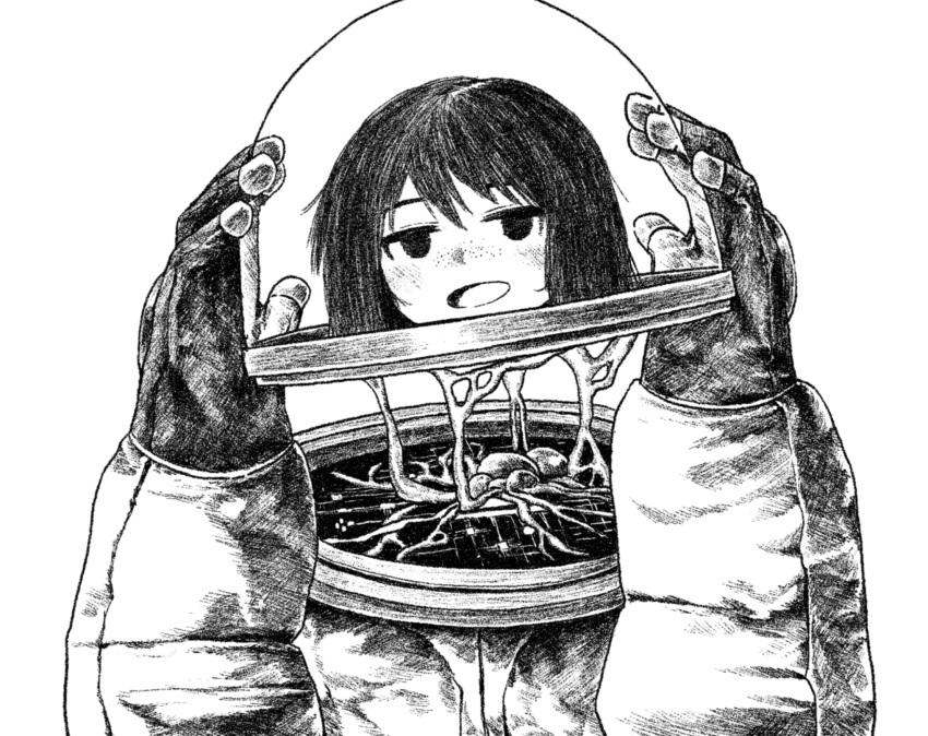 1girl arms_up blush disembodied_head fishbowl_helmet freckles gloves greyscale highres holding_own_head jitome kilsturgeon looking_at_viewer monochrome open_mouth original short_hair simple_background slime_(substance) smile solo spacesuit upper_body