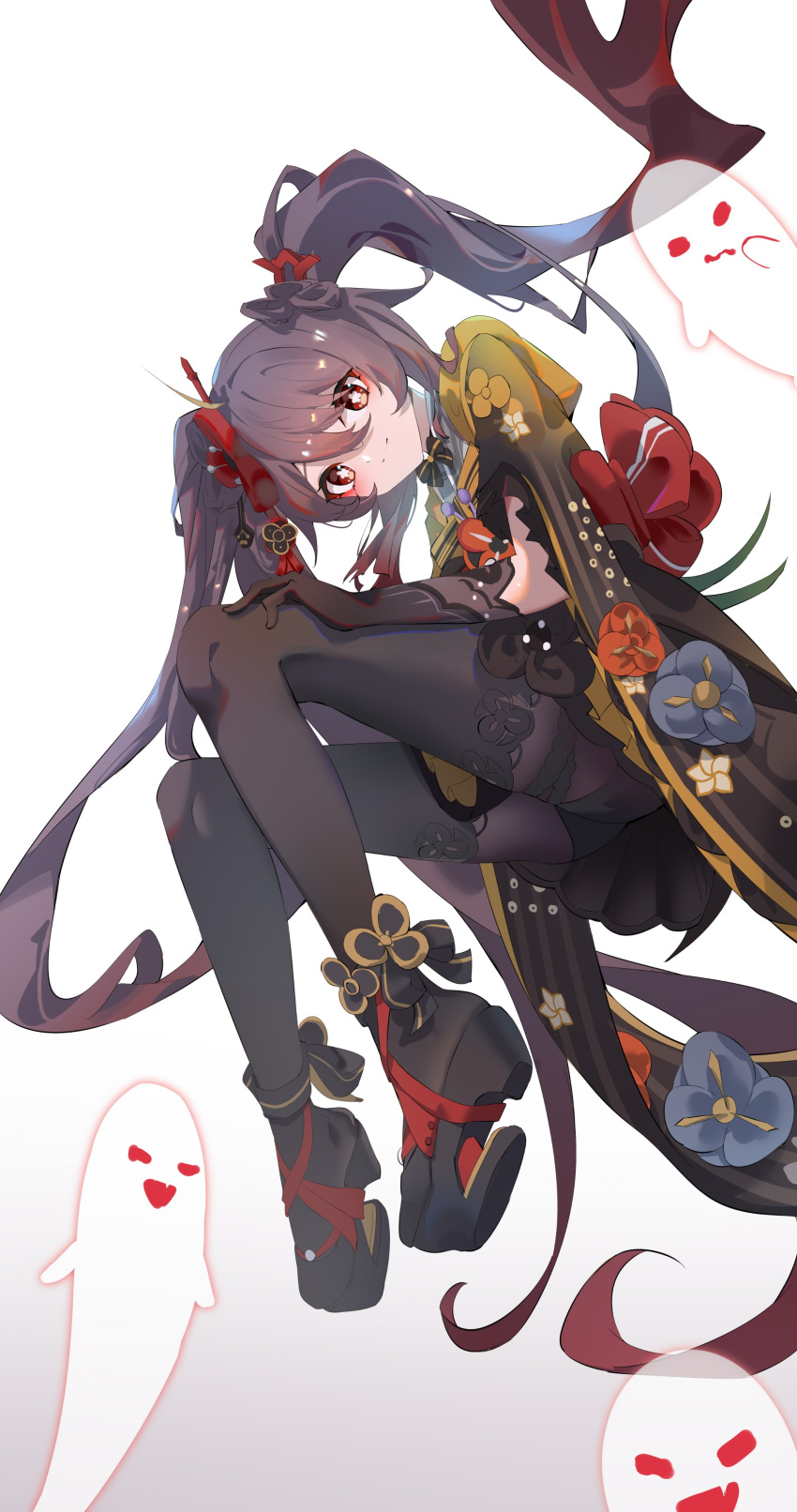 1girl absurdres blush boo_tao_(genshin_impact) brown_hair chiori_(genshin_impact) flower-shaped_pupils genshin_impact ghost hair_ornament highres hu_tao_(genshin_impact) long_hair looking_at_viewer qixia red_eyes sidelocks simple_background symbol-shaped_pupils twintails white_background