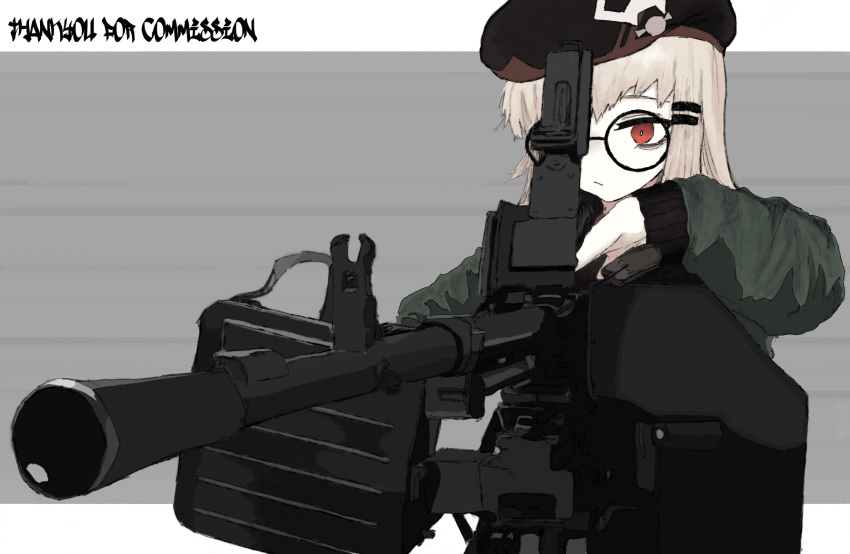 1girl beret blonde_hair commission girls'_frontline glasses green_jacket gun hair_ornament hairpin hat highres jacket long_hair machine_gun natri999 red_eyes solo type_80 type_80_(girls'_frontline) weapon