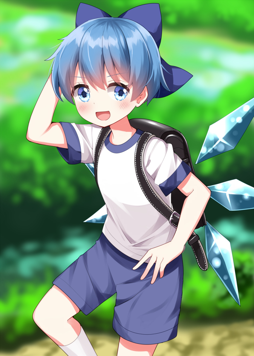 1girl backpack bag black_bag blue_bow blue_eyes blue_hair blue_shorts bow cirno commentary_request fairy gym_shirt hair_bow highres ice ice_wings kneeling outdoors ruu_(tksymkw) shirt short_hair short_sleeves shorts solo tomboy touhou very_short_hair white_shirt wings