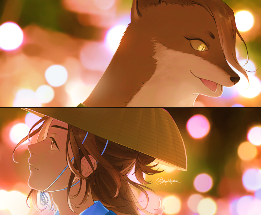 2boys animal_ears brown_eyes brown_hair english_commentary furry furry_male genshin_impact hat head_only highres kamai_kenji kamaitachi_boy kamaitachi_ears luxi_(stupidsystem) male_focus multiple_boys straw_hat twitter_username weasel_boy weasel_ears yanagibashi_takuto yellow_eyes