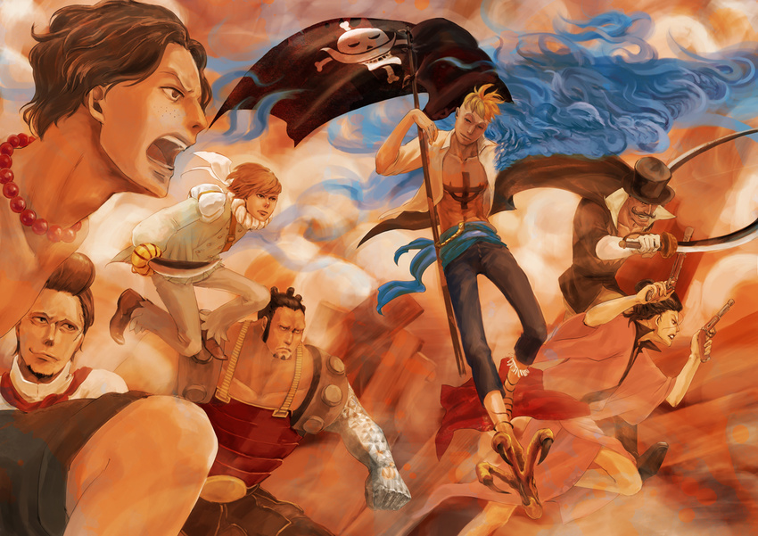 androgynous black_hair blonde_hair blue_fire brown_hair fiery_wings fire flag flower_sword_vista haruta_(one_piece) izou_(one_piece) jolly_roger jozu marco multiple_boys mustache necklace one_piece open_mouth pirate pirate_flag portgas_d_ace thatch