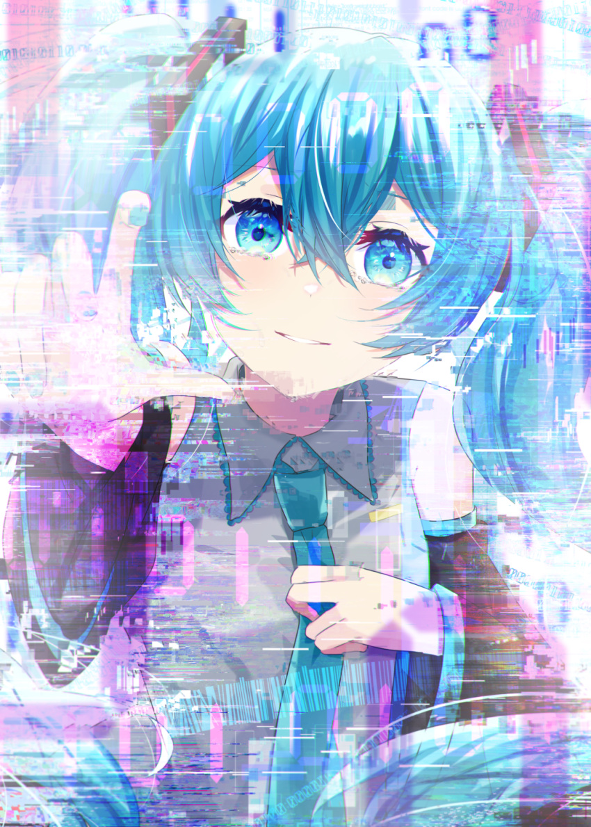 1girl binary blue_eyes blue_hair blush collared_shirt detached_sleeves glitch hair_ornament hand_on_own_chest hatsune_miku highres long_hair long_sleeves looking_at_viewer moso4hc nail_polish necktie reaching reaching_towards_viewer shirt sleeveless sleeveless_shirt smile solo tearing_up twintails very_long_hair vocaloid