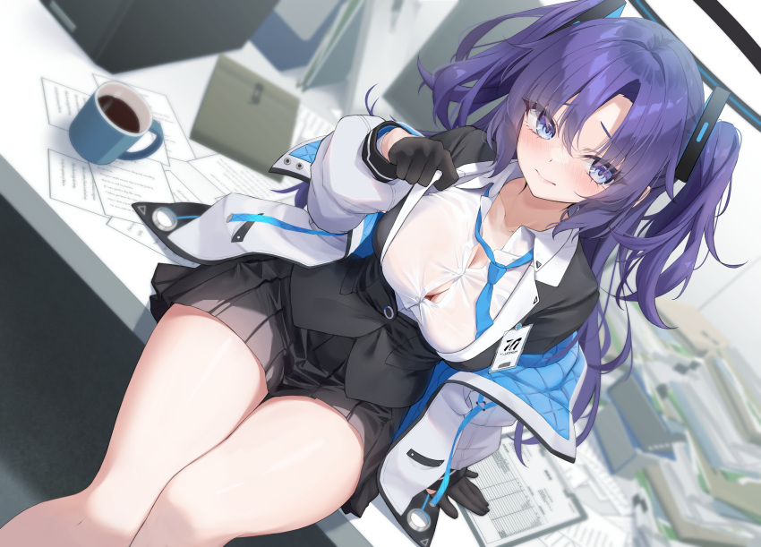 1girl absurdres arm_support black_coat black_gloves black_halo black_skirt blue_archive blue_eyes blue_hair blue_necktie blush breasts button_gap cleavage coat coffee coffee_mug commentary_request cup embarrassed gloves halo highres indoors jacket lapels long_hair long_sleeves miniskirt mirea mug necktie on_table paper parted_bangs pleated_skirt puffy_long_sleeves puffy_sleeves shirt sitting skirt solo table triangle_hair_ornament two_side_up white_jacket white_shirt yuuka_(blue_archive)