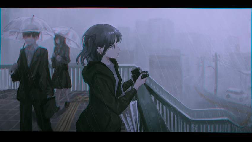 2girls absurdres black_bow black_dress black_hair black_hoodie black_pants black_suit bow briefcase brown_eyes building camera car chromatic_aberration dress faceless faceless_female faceless_male fog from_side guard_rail hair_bow highres holding holding_camera holding_weapon hood hood_down hoodie kyano_(kyanora3141) lamppost mask motor_vehicle mouth_mask multiple_girls open_clothes open_hoodie original outdoor_unit pants rain shirt short_hair skyscraper suit tactile_paving transparent transparent_umbrella umbrella weapon white_shirt