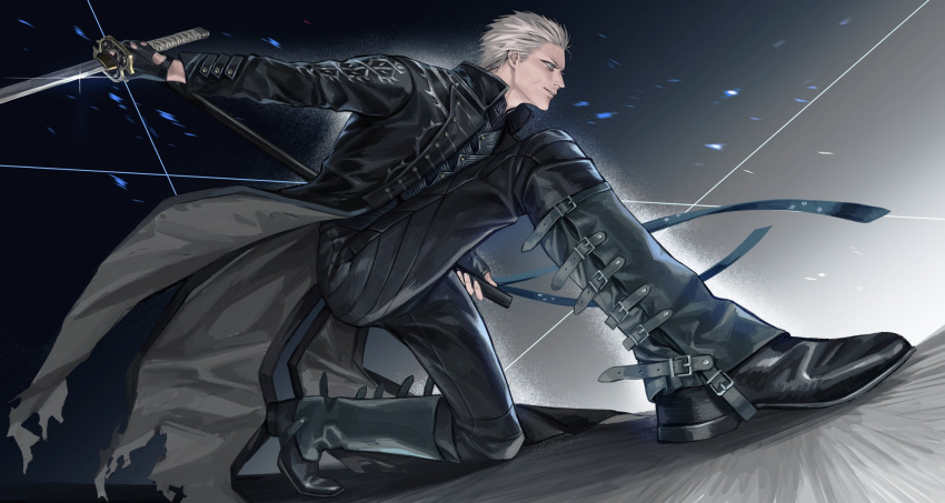 1boy black_footwear black_gloves blue_coat blue_eyes closed_mouth coat devil_may_cry_(series) devil_may_cry_5 fingerless_gloves gloves highres holding holding_sword holding_weapon katana male_focus nonnon9977 solo sword vergil_(devil_may_cry) weapon white_hair yamato_(sword)