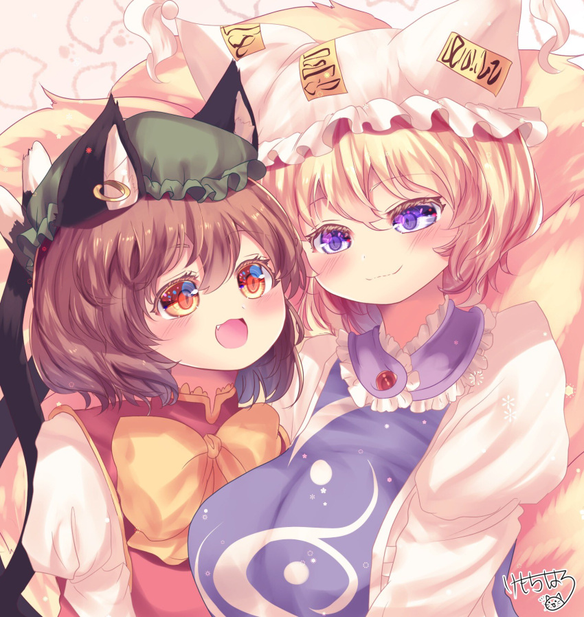 2girls :d animal_ear_piercing animal_ears blonde_hair blue_tabard blush bow bowtie breasts brown_eyes brown_hair cat_ears cat_tail chen closed_mouth commentary_request earrings fang fox_ears fox_tail frills gold_trim green_headwear hair_between_eyes happy hat highres huge_breasts jewelry juliet_sleeves kemo_chiharu long_sleeves looking_at_another mob_cap multiple_girls multiple_tails nekomata open_mouth puffy_sleeves purple_eyes red_vest short_hair signature simple_background single_earring smile tabard tail touhou two_tails upper_body vest white_headwear yakumo_ran yellow_bow yellow_bowtie