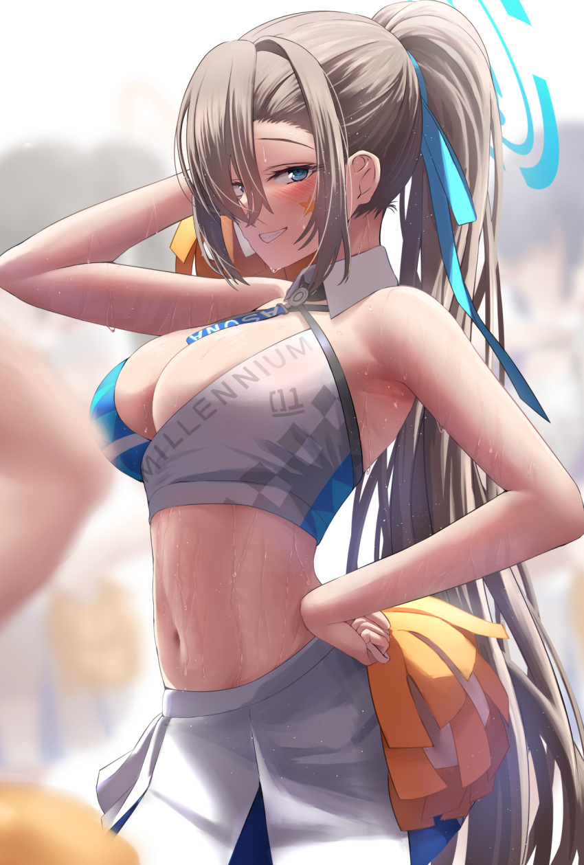 1girl alternate_hairstyle armpits asuna_(blue_archive) asymmetrical_bangs blue_archive blue_eyes blush breasts cheerleader clothes_writing cosplay crop_top detached_collar grin hair_over_one_eye halo hand_on_own_hip highres large_breasts light_brown_hair long_bangs long_hair looking_at_viewer midriff millennium_cheerleader_outfit_(blue_archive) navel one_eye_covered outdoors pleated_skirt pom_pom_(cheerleading) ponytail silver_bullet_(ecc12_8) skirt smile solo stomach sweat very_long_hair white_skirt