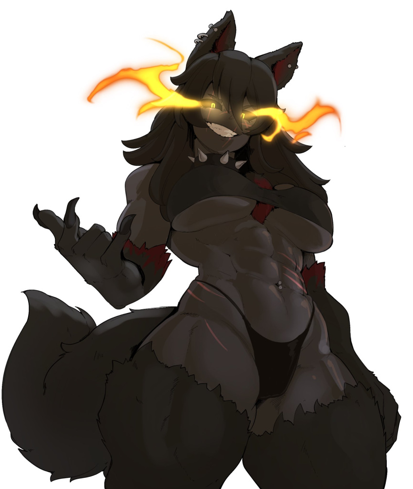 abs alternate_version_at_source animal_humanoid big_breasts black_body black_fur black_hair black_nails black_sclera breasts canid canid_humanoid canine canine_humanoid chest_tuft claws clothed clothing collar colored_nails crop_top dominant dominant_female ear_piercing ear_ring eye_scar facial_scar female fur genitals glowing glowing_eyes hair hand_gesture hellhound_(mge) hi_res humanoid long_hair looking_at_viewer looking_down low-angle_view mammal mammal_humanoid monster_girl_(genre) monster_girl_encyclopedia muscular muscular_female nails navel navel_piercing nudiedoodles panties piercing ring_piercing scar sharp_claws shirt simple_background smile smiling_at_viewer solo spiked_collar spikes tail teeth teeth_showing thick_thighs topwear tuft under_boob underwear white_background worm's-eye_view yellow_eyes