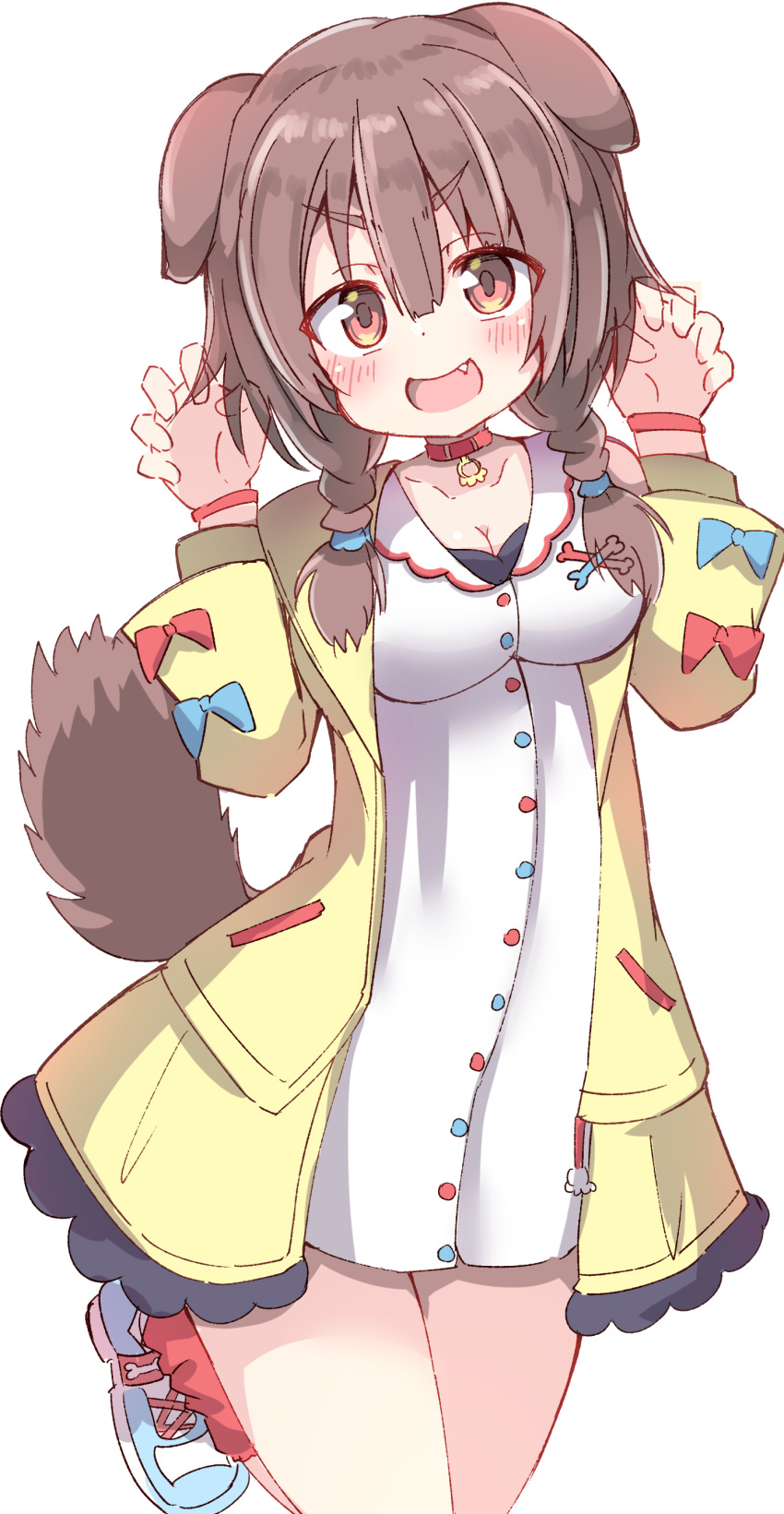 1girl absurdres animal_ears blush brown_eyes brown_hair collar commentary_request dog_ears dog_girl dog_tail dress highres hololive inugami_korone inugami_korone_(1st_costume) jacket looking_at_viewer open_mouth paw_pose red_collar red_socks shoes short_dress smile socks tail umberblack virtual_youtuber white_background white_dress white_footwear yellow_jacket