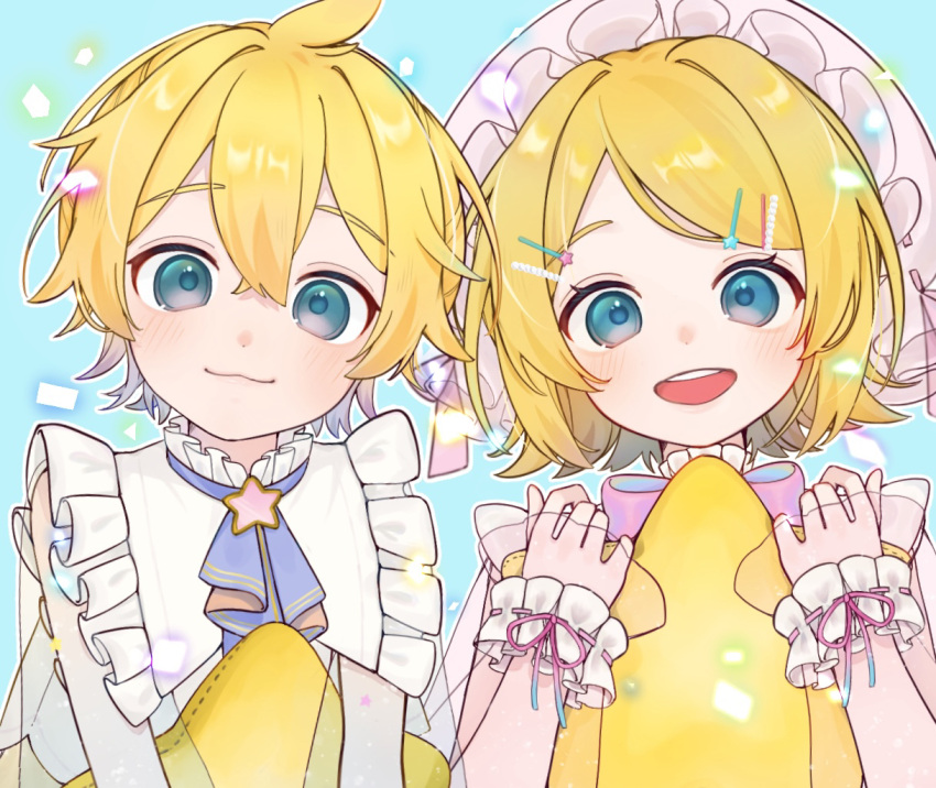 1boy 1girl :3 ahoge ascot blonde_hair blue_background blue_eyes blush bow brother_and_sister frilled_shirt_collar frills hair_ornament hairclip hat holding holding_pillow kagamine_len kagamine_rin long_sleeves looking_at_viewer mob_cap open_mouth pillow project_sekai see-through see-through_sleeves short_hair siblings sleeve_cuffs smile star_(symbol) star_hair_ornament star_pillow twins upper_body vocaloid yusa_popo