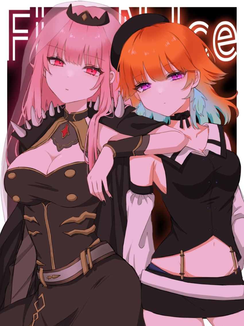 2girls alternate_color arm_on_another's_shoulder blunt_bangs bow_choker breasts chef_hat cleavage do_u_(takanashi_kiara) dress earrings feather_earrings feathers fluffy_hair hat highres hololive hololive_english jewelry large_breasts long_hair looking_at_viewer marisaarisu16 mini_chef_hat mori_calliope mori_calliope_(1st_costume) multicolored_hair multiple_girls multiple_hats official_alternate_color orange_hair pink_eyes pink_hair red_eyes shoulder_spikes sidelocks spikes takanashi_kiara takanashi_kiara_(1st_costume) tiara veil virtual_youtuber yuri