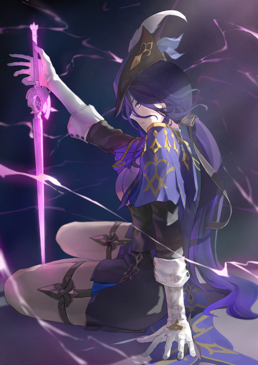 1girl absurdres arm_support ascot black_corset clorinde_(genshin_impact) corset eghol electricity epaulettes fold-over_gloves genshin_impact gloves glowing glowing_sword glowing_weapon hat hat_feather highres holding holding_sword holding_weapon long_hair looking_to_the_side low_ponytail purple_ascot purple_eyes purple_hair sitting solo sword thigh_strap tricorne weapon white_gloves