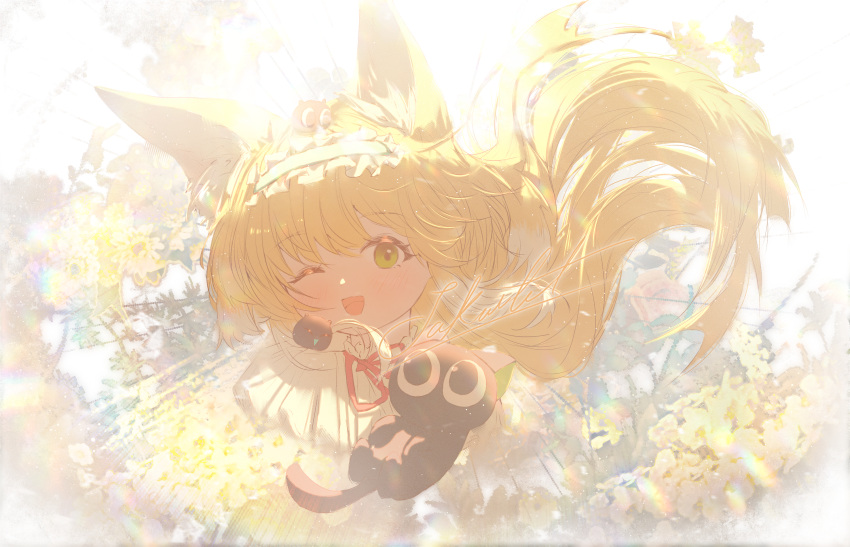 1girl absurdres animal_ear_fluff animal_ears arknights black_cat blonde_hair cat colored_tips commentary commission crossover fox_ears fox_girl green_eyes heixiu highres long_hair looking_at_viewer luo_xiaohei luo_xiaohei_zhanji multicolored_hair neck_ribbon official_alternate_costume one_eye_closed open_mouth portrait red_ribbon ribbon solo suzuran_(arknights) suzuran_(spring_praise)_(arknights) symbol-only_commentary two-tone_hair white_hair yu_skl