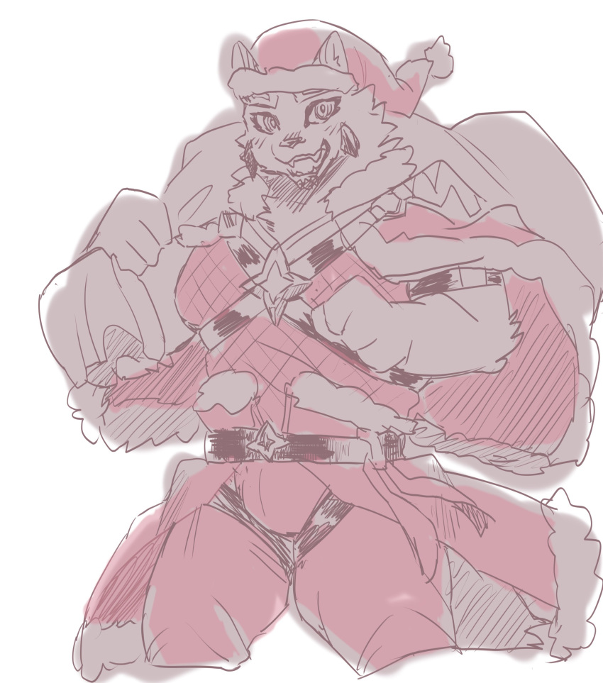 absurd_res anthro belt christmas christmas_clothing christmas_headwear clothing gift_bag hat headgear headwear hi_res holidays lifewonders live_a_hero male muscular muscular_anthro muscular_male nokia1124_a sadayoshi santa_hat sketch solo