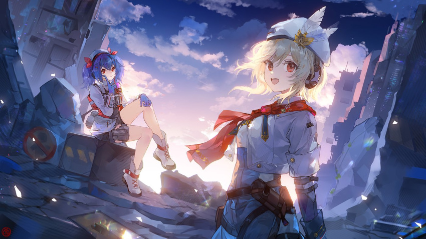 2girls arm_behind_back blonde_hair blue_gloves blue_hair boots cloud cloudy_sky colphne_(girls'_frontline_2) finger_to_face girls'_frontline girls'_frontline_2:_exilium gloves hand_on_own_knee hand_on_own_leg hat_feather headphones medium_hair multiple_girls nagant_revolver_(girls'_frontline) open_mouth orange_eyes red_eyes red_scarf ruins scarf sitting sky smile teeth twintails upper_teeth_only white_footwear white_headwear xuedaixun