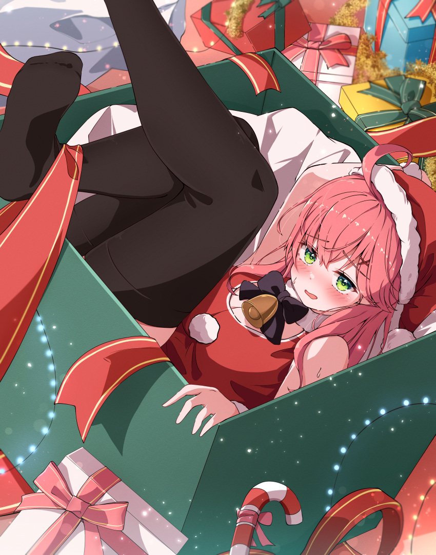 1girl absurdres ahoge black_thighhighs blush box breasts christmas_present dress fur-trimmed_headwear fur_trim gift green_eyes hair_ornament hat highres hololive in_box in_container large_breasts legs_up long_hair looking_at_viewer open_mouth pink_hair red_headwear sakura_miko santa_dress santa_hat sleeveless sleeveless_dress smile solo t4n4k4_no_yosei thighhighs virtual_youtuber x_hair_ornament