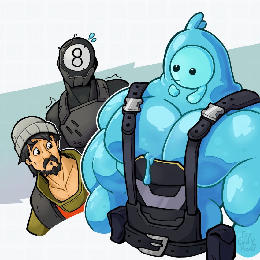 ._. 2023 8-ball_(fortnite) barazoku beanie beard biceps big_muscles black_hair blue_body bodily_fluids clothed clothing digital_media_(artwork) epic_games eyebrows facial_hair flying_sweatdrops fortnite fully_clothed girl_staring_at_man's_chest goo_creature goo_humanoid group hair hat headgear headwear hi_res human humanoid its_coldpizza male male/male mammal muscular mustache not_furry pecs rippley_(fortnite) sweat sweatdrop tan_body tan_skin trio turk_(fortnite)