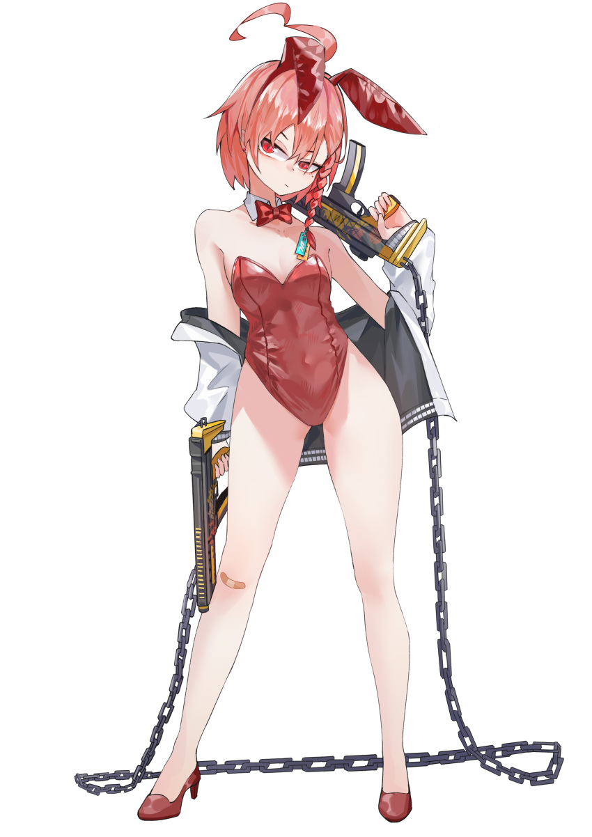 1girl absurdres ahoge animal_ears blue_archive bow braid breasts chain closed_mouth collarbone detached_collar fake_animal_ears firecracker_(user_kgxp3553) full_body gun hair_between_eyes high_heels highres holding holding_gun holding_weapon huge_ahoge jacket leotard long_sleeves mole mole_under_eye neru_(blue_archive) neru_(bunny)_(blue_archive) official_alternate_costume orange_hair rabbit_ears red_bow red_eyes red_footwear red_leotard short_hair simple_background single_braid small_breasts solo strapless strapless_leotard sukajan weapon white_background