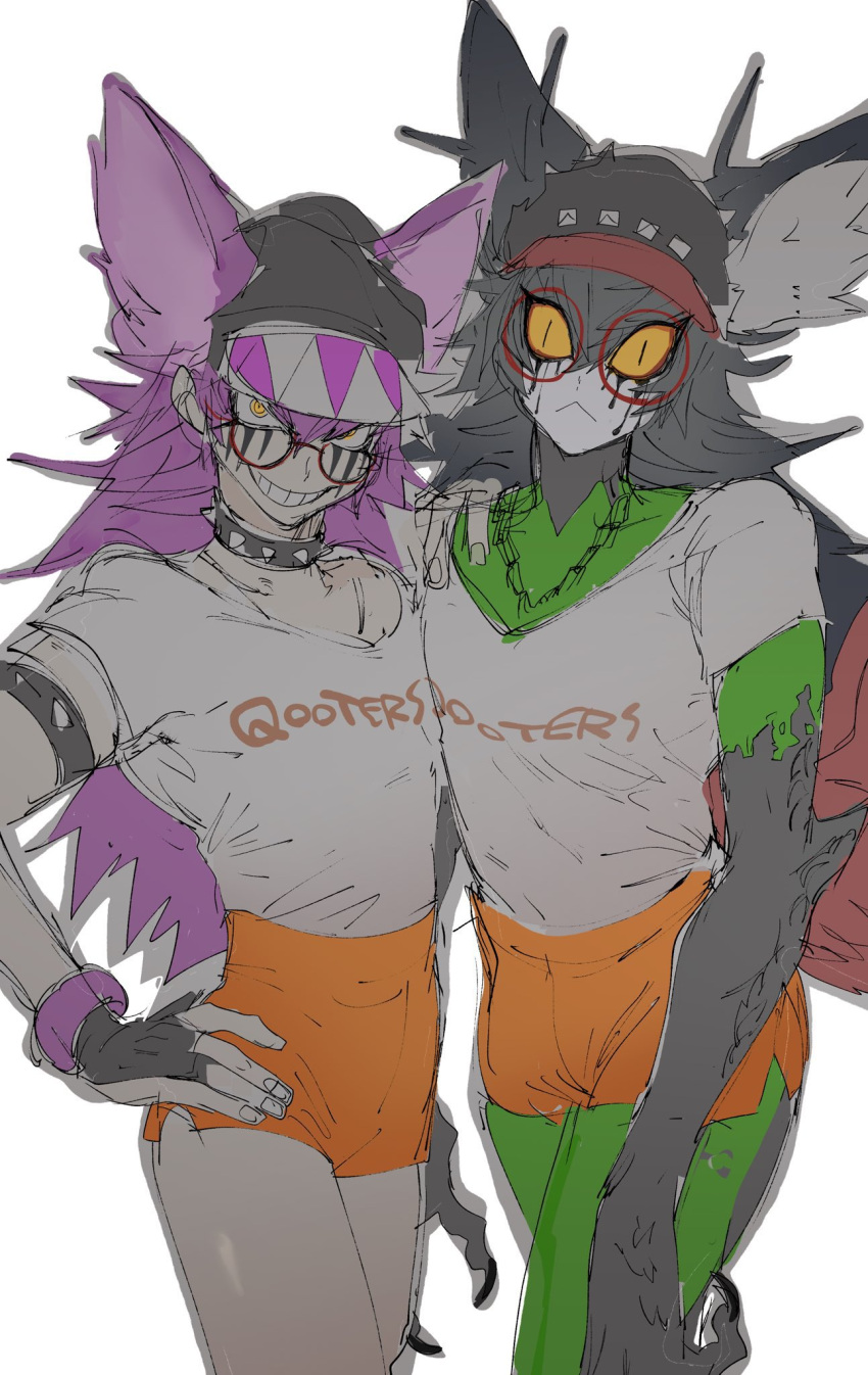 2boys :&lt; alternate_costume animal_ears animal_hands black_collar black_hair black_headwear cabbie_hat closed_mouth clothes_writing collar colored_sclera colored_skin cowboy_shot dark_persona dual_persona glasses green_skin grey_skin grin hand_on_another's_shoulder hand_on_own_hip hat highres long_hair looking_at_viewer male_focus master_detective_archives:_rain_code multiple_boys mystery_phantom na_6 open_mouth orange_shorts pink_hair red-framed_eyewear round_eyewear shirt shorts simple_background smile spoilers standing t-shirt white_background white_shirt yellow_eyes yellow_sclera zilch_alexander