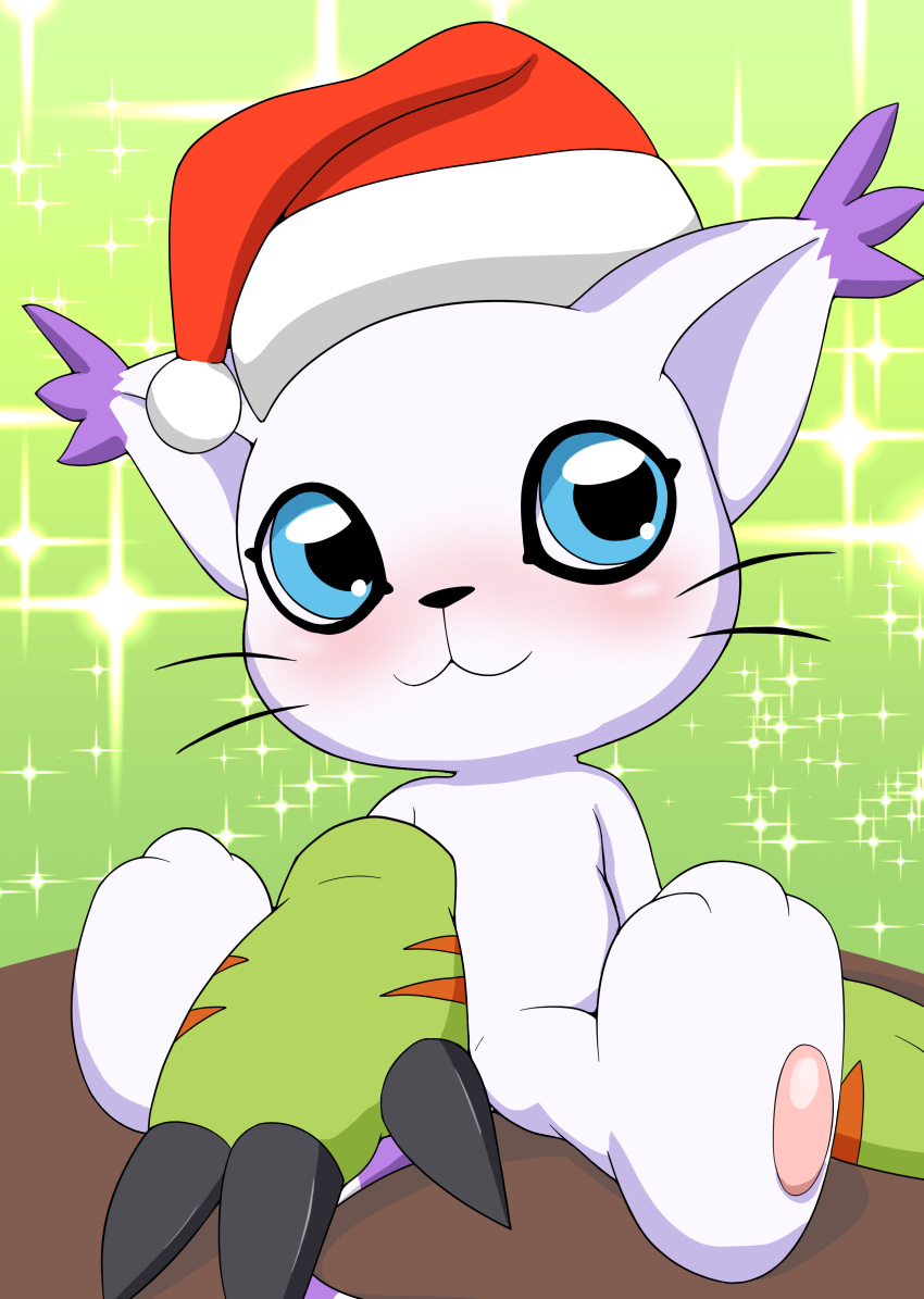 absurd_res ambiguous_gender bandai_namco blue_eyes christmas clothing digimon digimon_(species) ear_tuft fur gatomon gloves handwear hi_res holidays markings pawpads pink_pawpads purple_markings sitting solo_focus tail tuft vulapa white_body white_fur