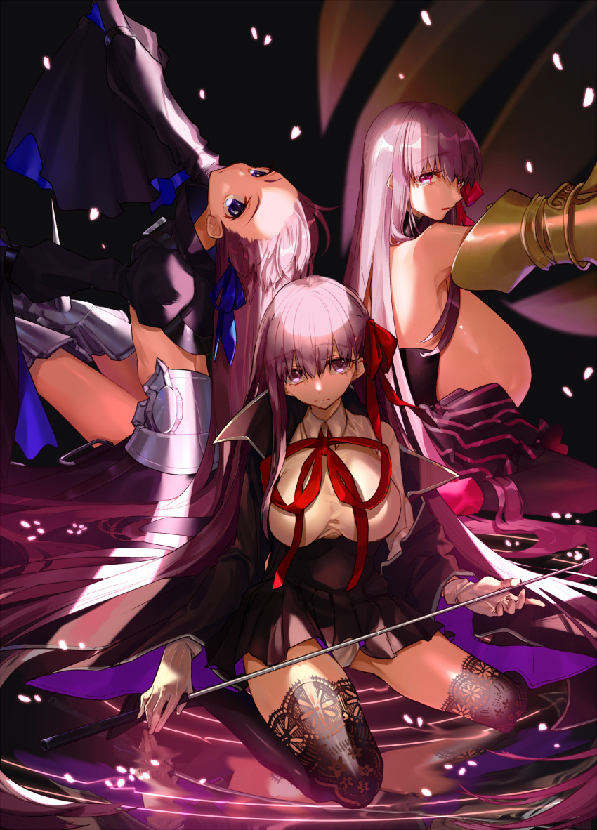 3girls absurdres armored_boots bb_(fate) bb_(fate/extra) black_coat black_skirt blue_eyes blue_ribbon boots bow breasts coat commentary_request fate/extra fate/extra_ccc fate_(series) frown gloves hair_bow hair_ribbon high-waist_skirt highres hino_hinako huge_breasts large_breasts long_hair long_sleeves looking_at_viewer meltryllis_(fate) multiple_girls open_clothes open_coat passionlip_(fate) puffy_long_sleeves puffy_sleeves purple_eyes purple_hair red_bow red_ribbon ribbon shirt skirt sleeves_past_wrists thighhighs very_long_hair wand water white_gloves white_shirt wide_sleeves