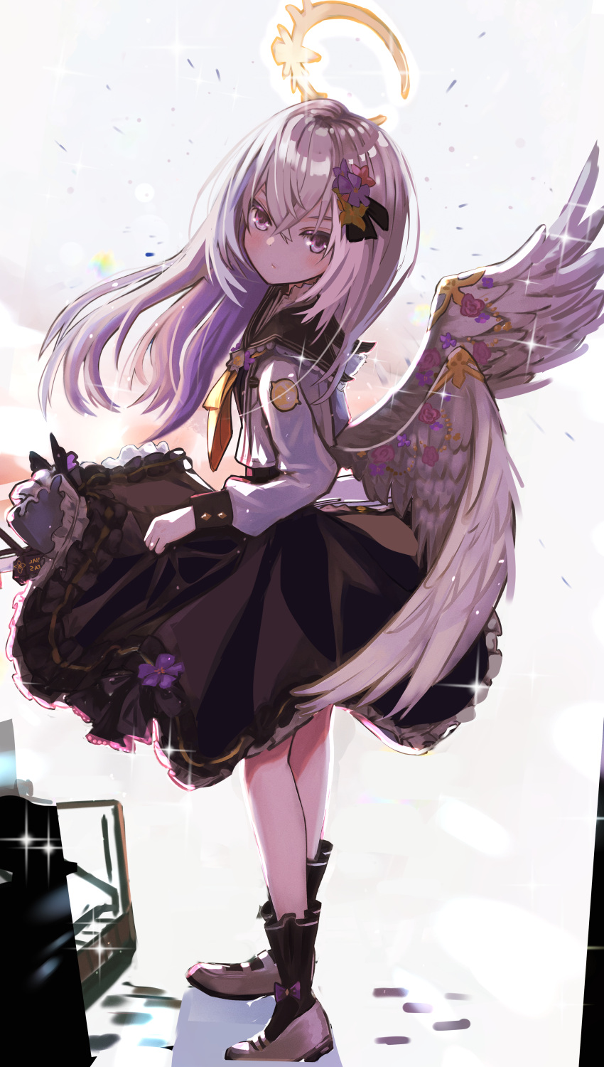 1girl absurdres angel_wings ankle_flower azusa_(blue_archive) black_dress black_ribbon black_sailor_collar black_socks blue_archive crescent_halo crossed_bangs dress dress_flower feathered_wings flower frilled_dress frilled_socks frills hair_between_eyes hair_flower hair_ornament hair_ribbon halo highres jacket long_hair long_sleeves loose_socks low_wings neck_ribbon petticoat purple_eyes ribbon sailor_collar shoes socks solo thomason366 white_footwear white_hair white_jacket white_wings wings yellow_halo yellow_ribbon