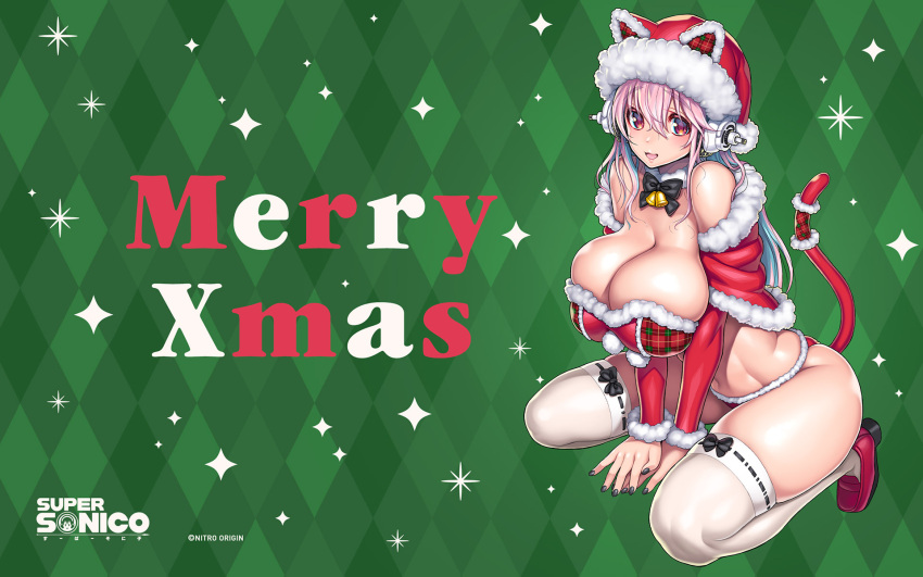 1girl aqua_hair bare_shoulders blush breasts capelet christmas cleavage colored_inner_hair dress fur-trimmed_dress fur-trimmed_headwear fur_trim hat headphones highres large_breasts long_hair looking_at_viewer merry_christmas multicolored_hair nitroplus official_art open_mouth pink_hair red_capelet red_eyes red_headwear santa_hat smile solo super_sonico swimsuit thighhighs tsuji_santa two-tone_hair white_thighhighs zettai_ryouiki