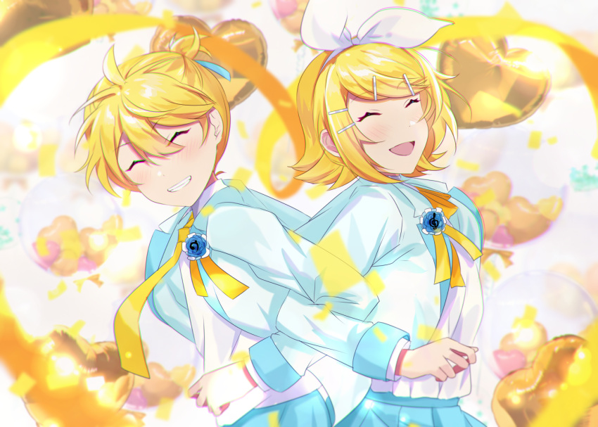1boy 1girl balloon blonde_hair blurry blurry_background blush boutonniere bow_hairband brother_and_sister closed_eyes grin hair_ornament hair_ribbon hairband hairclip heart_balloon jacket kagamine_len kagamine_rin locked_arms long_sleeves matching_outfits moso4hc neck_ribbon necktie ponytail ribbon short_hair siblings skirt smile twins vocaloid