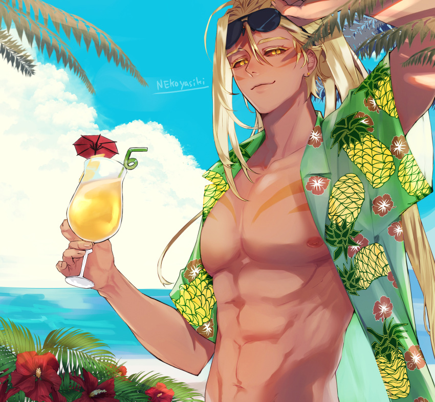 1other absurdres alternate_costume ananas_dragon_cookie artist_name blonde_hair cloud cocktail cocktail_glass commentary cookie_run cup drinking_glass highres humanization long_hair looking_at_viewer male_focus nekoyasiki33 palm_tree pineapple_print smile solo sunglasses tan tree