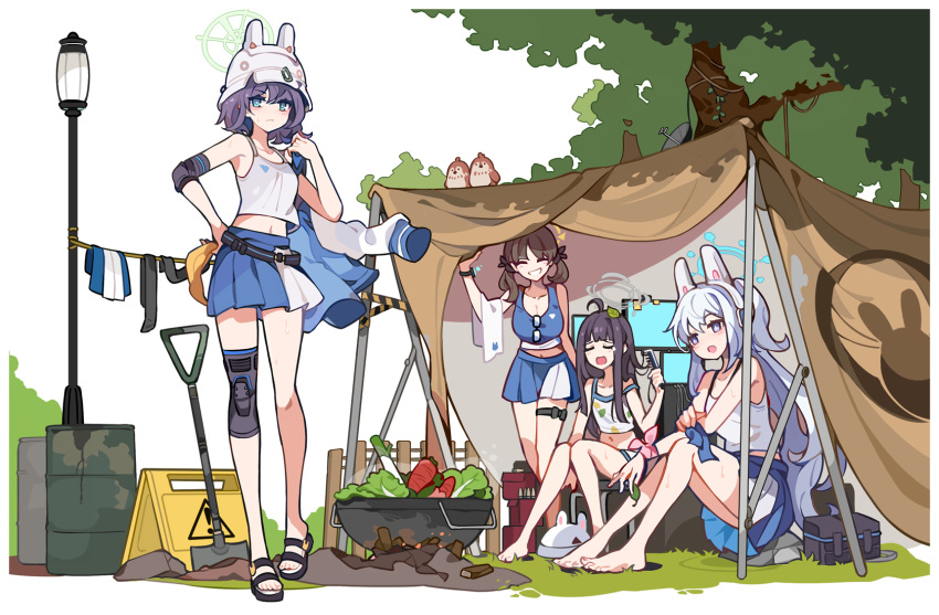 4girls ahoge animal_ears aqua_eyes bare_shoulders barefoot black_hair blue_archive blue_eyes blue_hair blue_skirt blue_tank_top brown_hair camisole camping carrot closed_eyes closed_mouth collarbone drum_(container) duplicate elbow_pads fake_animal_ears food frown full_body grass grey_halo hair_between_eyes halo hand_on_own_hip hard_hat helmet highres ideolo knee_pads lamppost light_blue_hair long_hair looking_at_viewer midriff miyako_(blue_archive) miyu_(blue_archive) moe_(blue_archive) multiple_girls navel open_mouth parted_bangs purple_hair rabbit_ears rabbit_platoon_(blue_archive) saki_(blue_archive) sandals short_hair single_elbow_pad single_knee_pad sitting sitting_on_object skirt smile standing tank_top tent thigh_strap tree twintails unworn_shirt vegetable white_background white_camisole white_headwear yellow_halo