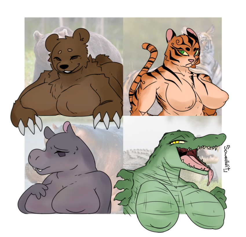 alligator alligatorid animal_humanoid anthro bear big_breasts breasts brown_bear common_hippopotamus crocodilian felid felid_humanoid female grizzly_bear group hi_res hippopotamid humanoid mammal mammal_humanoid pantherine pantherine_humanoid reptile reptile_humanoid scalie scalie_humanoid sowedidit teeth tiger ursine