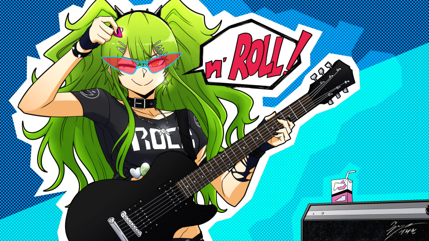 1girl absurdres amplifier arm_up artist_name black_nails black_shirt blue-framed_eyewear bracelet breasts collar collarbone earrings electric_guitar english_text girls'_frontline green_hair guitar hair_between_eyes hair_ornament hairclip highres holding holding_guitar holding_instrument holding_plectrum instrument jewelry juice_box large_breasts long_hair looking_at_viewer m950a_(girls'_frontline) necklace one_eye_closed outline plectrum red-tinted_eyewear shirt short_sleeves smile solo speech_bubble spiked_bracelet spikes tied_shirt tinted_eyewear tryvor twintails yellow_eyes