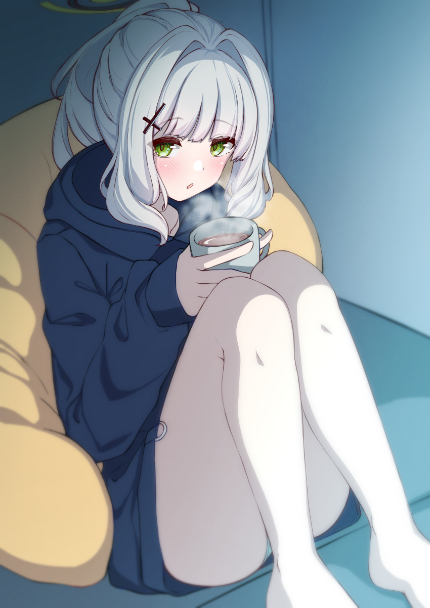 1girl absurdres ass bare_legs barefoot black_hoodie blue_archive blue_panties blush coffee cross_hair_ornament cup green_eyes green_halo grey_hair hair_ornament halo hare_(blue_archive) highres holding holding_cup hood hood_down hoodie indoors long_hair long_sleeves looking_at_viewer moyoron no_pants open_mouth panties panty_peek ponytail solo underwear