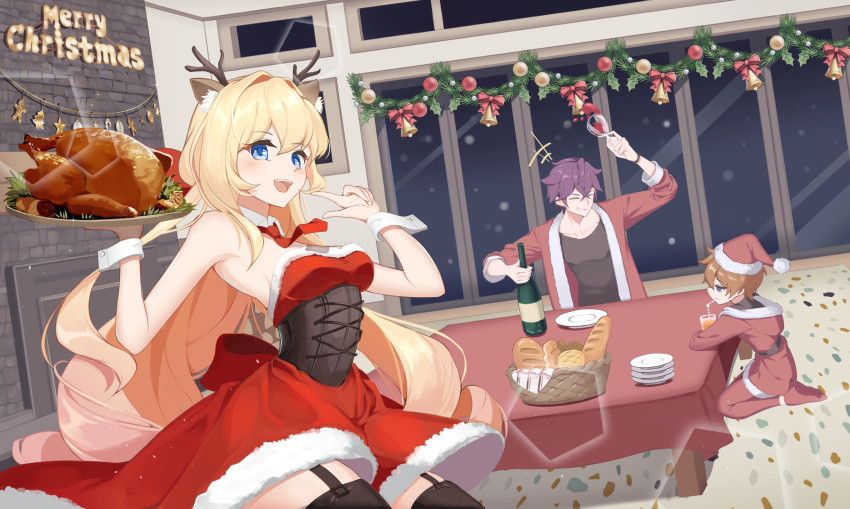 1girl 2boys animal_ears antlers baguette basket bell blonde_hair blue_eyes blush bottle bow bread brown_hair christmas christmas_ornaments closed_eyes corset cup deer_antlers deer_ears detached_collar dress drinking drinking_glass drinking_straw food garter_straps hat highres holding holding_cup holding_tray index_finger_raised indoors jingle_bell jitome kneeling long_hair looking_at_viewer lucio_(lucioooo38) merry_christmas multiple_boys necktie open_mouth original plate plate_stack purple_hair santa_costume santa_dress santa_hat short_hair smile snowing strapless strapless_dress thighhighs tray turkey_(food) very_long_hair window wine_bottle wine_glass wrist_cuffs