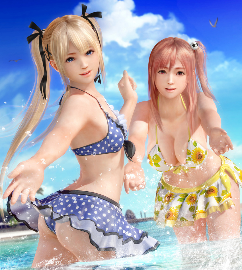 3d ass bangs bikini bikini_skirt bird blonde_hair blue_sky breasts cleavage cloud cloudy_sky dead_or_alive dead_or_alive_xtreme floral_print hair_ornament hair_ribbon highres honoka_(doa) large_breasts marie_rose miniskirt multiple_girls navel official_art outside pink_hair polka_dot polka_dot_bikini polka_dot_swimsuit ribbon side_ponytail skirt sky small_breasts smile splashing stomach swimsuit twintails water