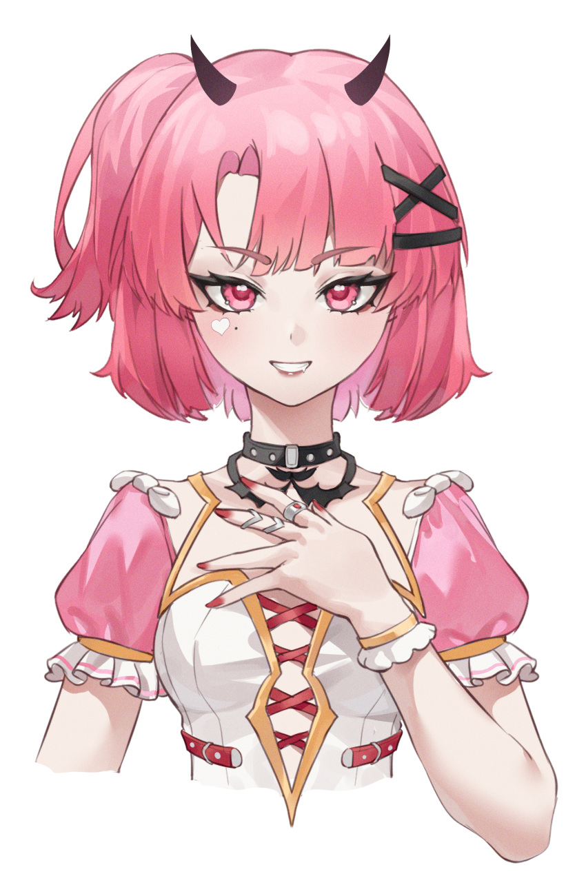 1girl absurdres black_choker black_horns breasts choker cropped_torso demon_horns dress eoe evil_grin evil_smile facial_mark frilled_bracelet grin hair_ornament hand_on_own_chest hand_up heart heart_facial_mark highres horns jewelry mentha minuo_(eoe) one_side_up pink_eyes pink_hair pink_sleeves puffy_short_sleeves puffy_sleeves red_nails ring short_hair short_sleeves small_breasts smile solo teeth upper_body v-shaped_eyebrows virtual_youtuber white_dress x_hair_ornament