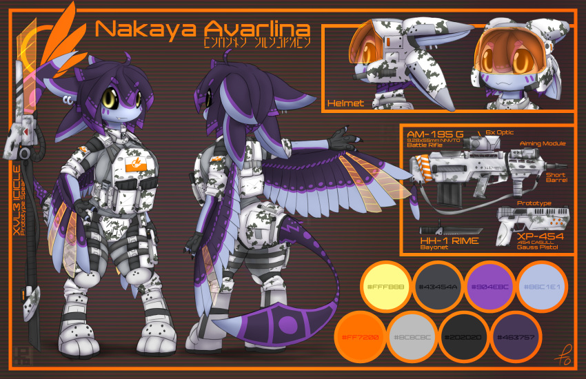 2023 3_fingers 4_ears absurd_res anthro arm_out arm_outstretched armor armored_boots avali avali_logo avali_scratch_(text) avalon_(avali_homeworld) avian big_breasts big_head black_claws black_sclera bottomwear breasts camo camo_bottomwear camo_clothing camo_print camo_shorts camo_topwear character_name claws clothed_anthro clothed_female clothing color_swatch cybernetic_wing cybernetics english_text feather_hair feathered_wings feathers feet female female_(lore) fingers front_pack front_view grey_camo grey_clothing gun hair hand_on_hip handgun hi_res information logo looking_at_viewer machine melee_weapon model_sheet multi_ear nakaya_avarlina orange_background pattern_bottomwear pattern_clothing pattern_shorts pattern_topwear pento_katsuwa pistol polearm pseudo_hair purple_body purple_feathers purple_hair purple_spots purple_tail ranged_weapon rear_view rifle shorts simple_background solo spear spots standing tail text topwear weapon white_camo white_clothing winged_arms wings yellow_eyes