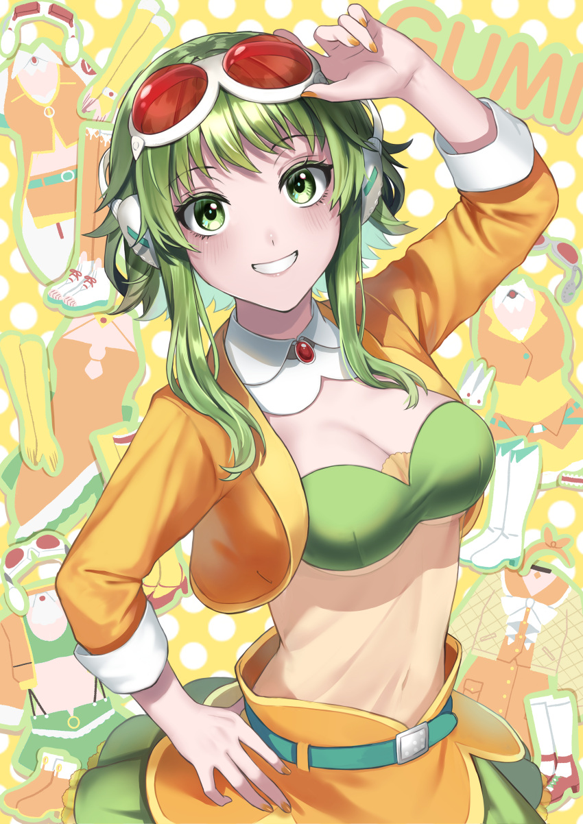 1girl absurdres adjusting_eyewear arm_up belt blush breasts brooch character_name cleavage cropped_jacket detached_collar eyewear_on_head goggles goggles_on_head green_eyes grin gumi gumi_(ai_megpoid) hand_on_eyewear hand_on_own_hip headphones highres jewelry long_sleeves looking_at_viewer nail_polish nil_(pixiv_53614557) polka_dot polka_dot_background red-tinted_eyewear see-through see-through_shirt short_hair_with_long_locks skirt smile solo strapless tinted_eyewear tube_top underboob vocaloid