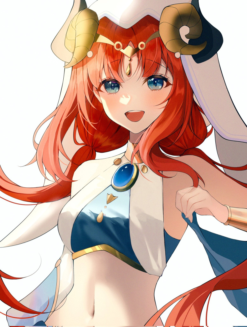 1girl blue_eyes blue_gemstone breasts fake_horns felicia8 gem genshin_impact gold_trim harem_outfit highres horns jewelry long_hair looking_at_viewer low_twintails medium_breasts navel neck_ring nilou_(genshin_impact) open_mouth parted_bangs red_hair sidelocks simple_background solo stomach twintails upper_body white_background white_headdress white_veil