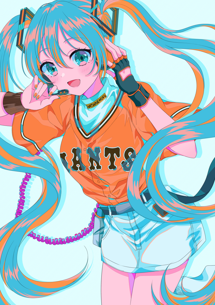 1girl absurdres belt blue_eyes blue_hair blush cable character_name fingerless_gloves gloves hair_ornament hand_on_headphones hands_up hatsune_miku headphones headset highres long_hair looking_at_viewer miniskirt nail_polish open_mouth rooibos shirt_tucked_in short_sleeves single_glove skirt smile solo sweatband twintails very_long_hair vocaloid wristband