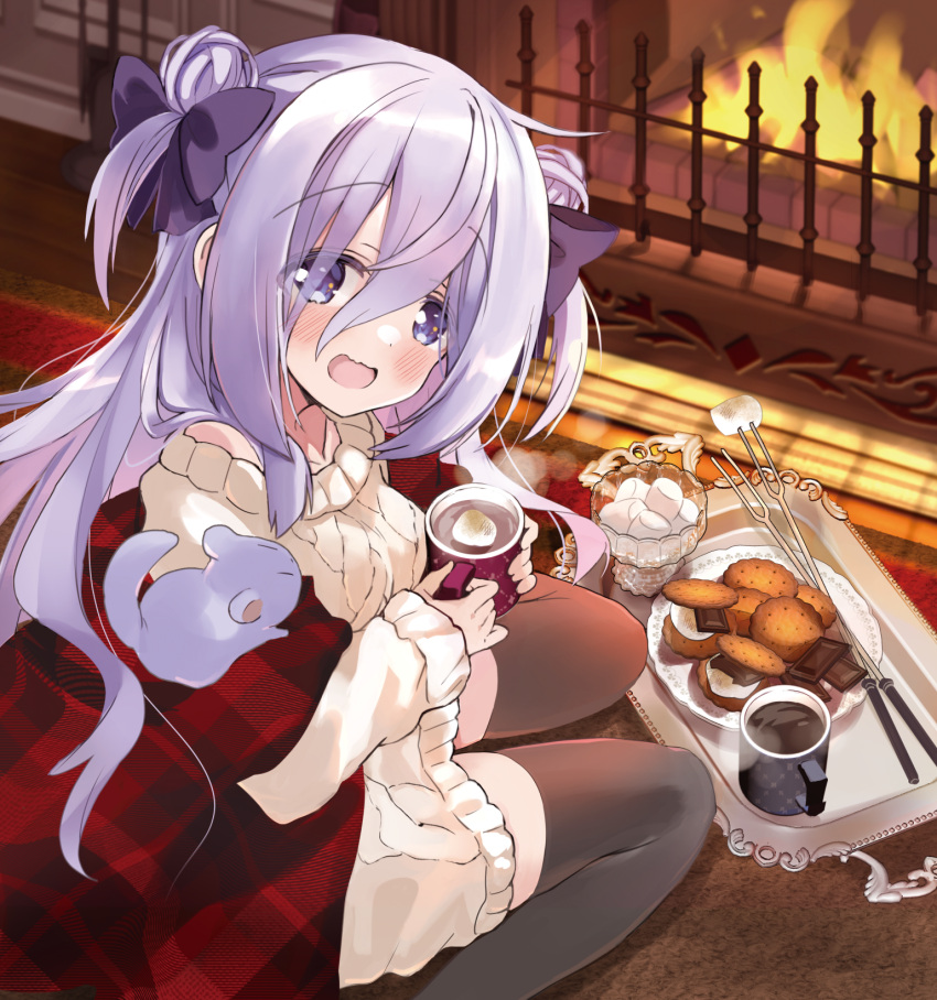 1girl amamiya_shizuku_(hizuki_yayoi) animal aran_sweater blush bow breasts brown_pantyhose cable_knit chinchilla_(animal) commentary_request cookie cup double_bun dress fire fireplace food hair_bow hair_bun highres hizuki_yayoi holding holding_cup indoors long_hair long_sleeves looking_at_viewer looking_to_the_side marshmallow mug on_floor open_mouth original pantyhose purple_bow purple_eyes purple_hair sitting sleeves_past_wrists small_breasts solo sweater sweater_dress tray two_side_up very_long_hair wariza white_sweater