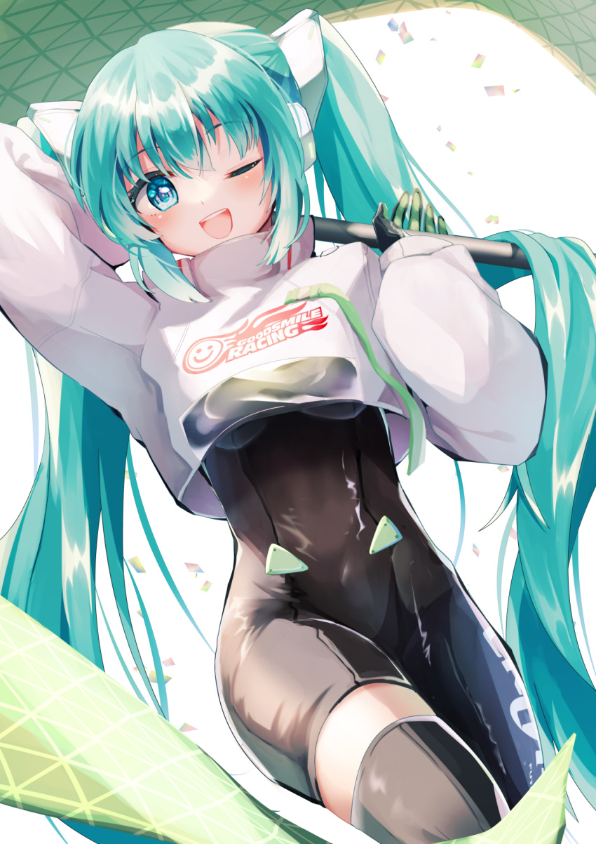 1girl blue_eyes blue_hair blush bodysuit confetti cropped_jacket gloves goodsmile_racing hatsune_miku headphones high_collar highres holding holding_pole long_hair long_sleeves looking_at_viewer mani_(second-dimension) one_eye_closed open_mouth pole race_queen racing_miku racing_miku_(2022) single_leg_bodysuit smile thighhighs very_long_hair vocaloid