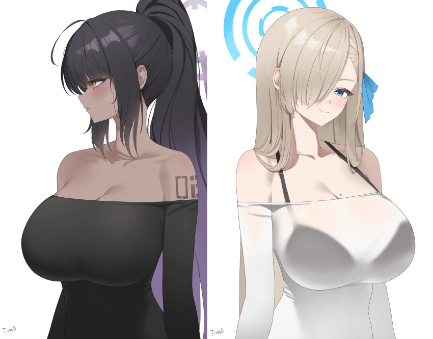 2girls absurdres ahoge alternate_costume arm_tattoo artist_name asuna_(blue_archive) asymmetrical_bangs black_bra black_shirt blue_archive blush bra bra_visible_through_clothes breasts cleavage collarbone dark-skinned_female dark_skin gradient_hair hair_over_one_eye halo highres karin_(blue_archive) large_breasts long_hair looking_at_viewer looking_to_the_side mole mole_on_breast multicolored_hair multiple_girls number_tattoo off-shoulder_shirt off_shoulder one_eye_covered ponytail purple_hair shirt sidelocks signature simple_background smile stitched straight_hair tattoo tomid underwear upper_body very_long_hair white_background white_shirt